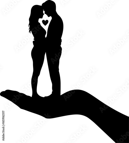 A minimalist black silhouette of a couple standing closely together on an outstretched hand against a solid white background
