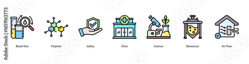 Laboratory Safety Essentials web banner icon vector illustration featuring Blood Test, Polymer, Safety, Clinic, Science, Bioreactor, and Air Flow.