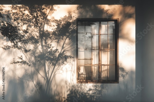 Window with tree shadows on a pale wall