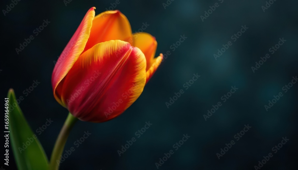 Close-up of a drooping red and yellow tulip against a dark, abstract backdrop , petals, macro photography, single flower Close-up of a drooping red and yellow tulip against a dark, abstract backdrop , petals, macro photography, single flower