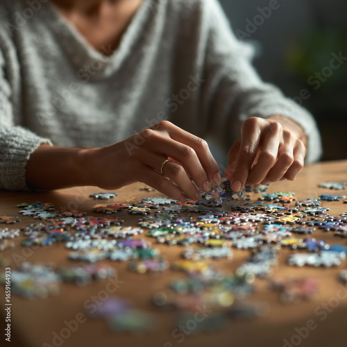 A woman is assembling a jigsaw puzzle piece.