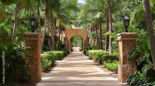Tropical pathway lined with palm trees and decorative stonework