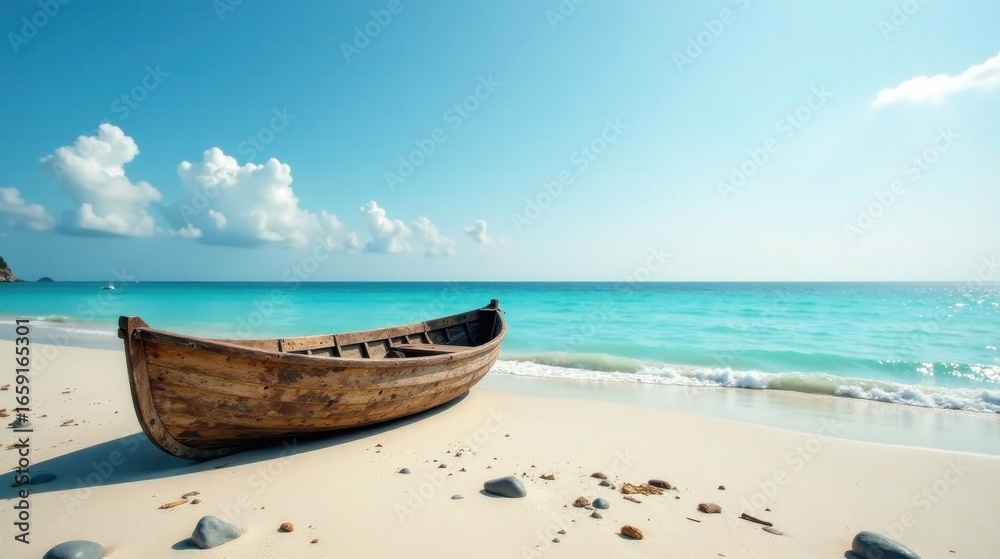 A weathered wooden rowboat rests gently on a pristine, tranquil beach, the turquoise water lapping softly at the shore under a vibrant blue sky adorned with fluffy white clouds. A weathered wooden rowboat rests gently on a pristine, tranquil beach, the turquoise water lapping softly at the shore under a vibrant blue sky adorned with fluffy white clouds.