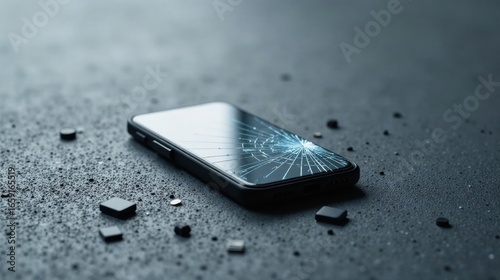 A shattered touchscreen smartphone rests on a dark surface, surrounded by minuscule fragments.