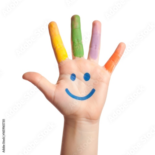 Child's hand painted with rainbow colors and a smiley face