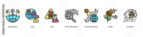 Toxic Environment web banner icon vector illustration featuring Degradation, Crisis, Toxin, Particulate Matter, Greenhouse Gases, Pollen, and Acid Rain.