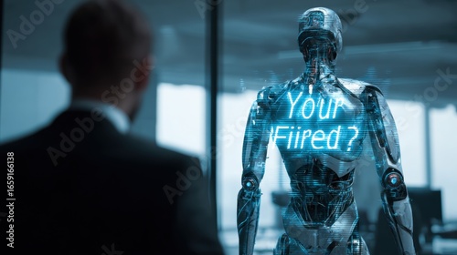 The Robot's Verdict: An unsettling scene unfolds in a modern office setting, where a metallic automaton delivers the digital inscription 'You're Fired?' to an unidentified executive.