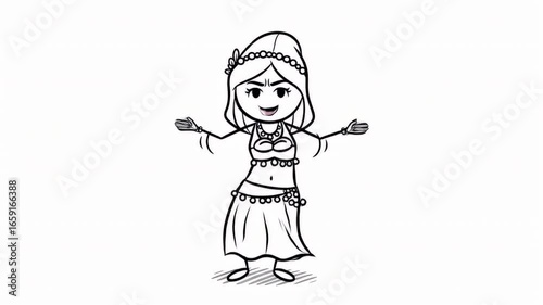 Animated Stick Figure of Cheerful Woman Belly Dancing in Traditional Costume With Rhythmic Hand Movements on a White Background Ideal for Dance Tutorials and Cultural Presentations