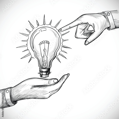 Innovative idea exchange hands holding light bulb sketch symbolizing inspiration and collaboration