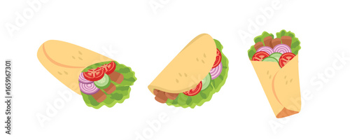 Set of kebab illustration. Grilled shawarma. Vegetarian food. Shawarma sandwich. 