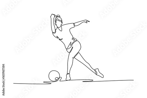 Continuous one line drawing professional female bowler in follow-through pose. Symbolizing the fluid motion, athletic grace, and poise of a player. Single line draw design vector graphic illustration