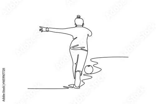 Continuous one line drawing back view of woman releasing bowling ball at indoor arena. Symbolizing smooth motion and elegant balance of the sport. Single line draw design vector graphic illustration
