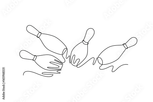 Single continuous line drawing white bowling pins are mid-fall. Symbolizing dynamic action, successful impact, and thrill of a perfect bowling strike. One line draw graphic design vector illustration