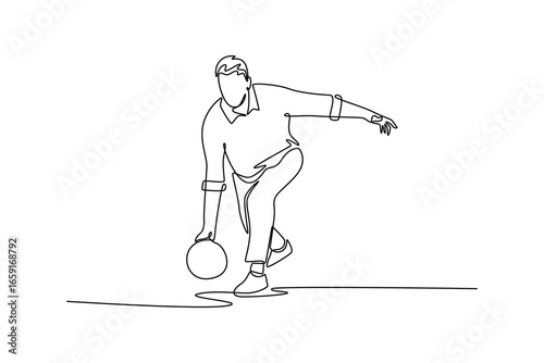 Single continuous line drawing male bowler in low crouch just before releasing bowling ball. Symbolize precision, concentration, fluid motion. Dynamic one line draw graphic design vector illustration