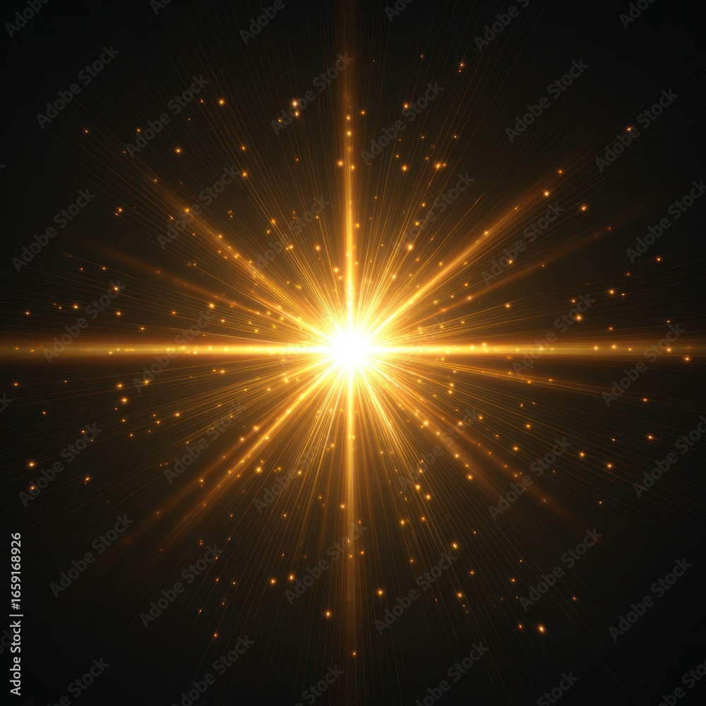 Naklejka premium Bright Golden Starburst with Sparkling Effects on Black Background
