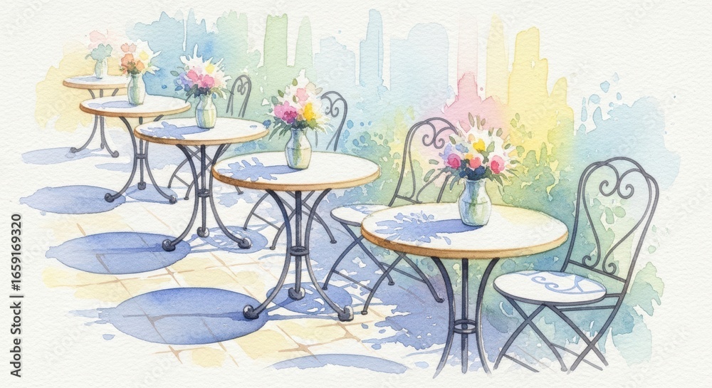 Obraz premium Dreamy Watercolor Painting of European Café Terrace with Tables, Chairs, Flowers, Pastel Palette, Gentle Shadows, and Airy Impressionist Style