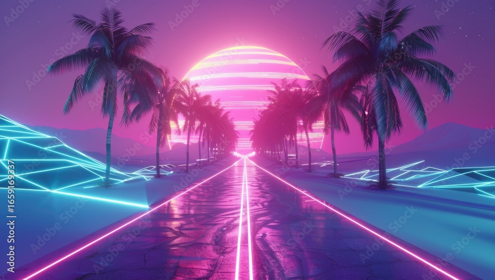Fototapeta premium A neon-lit road leading to the horizon, flanked by palm trees on both sides 
