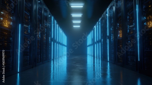 Data Center Corridor  A captivating visual of a server room corridor  with servers and bright blue neon lights illuminating a space representing data storage and technology.