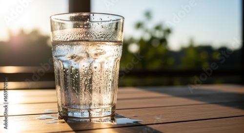 Refreshing Glass of Water with Condensation on Wooden Table at Sunset