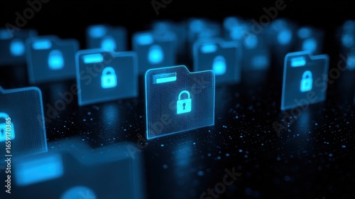 Secure Digital Files: A futuristic depiction of data security, displaying multiple virtual file folders illuminated with a glowing padlock symbol, representing protected information.