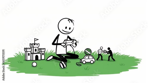Animated Stick Figure Playing Video Game on Green Field Surrounded by Toys in Cartoon Style Black and White Pictogram Man Isolated on White Background Symbolizing Digital Recreation