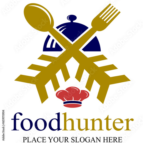 Hunter food vector logo template. This logo with hunt symbol and spoon, fork.