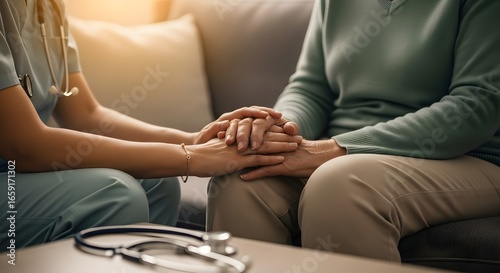 Parkinson's disease patient, Arthritis hand, gout knee pain, or mental health care with geriatric doctor consulting examining comforting elderly senior aged adult in medical exam clinic or hospital