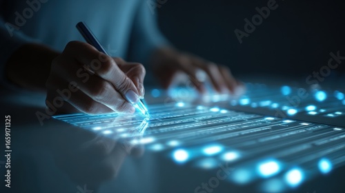 Digital Signature: A close-up shot highlights the seamless process of signing a digital document, where a glowing pen transforms into a modern symbol of agreement, efficiency, and data protection.