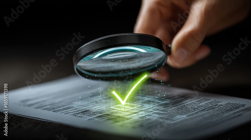 Focus and Validation: A hand expertly uses a magnifying glass, bringing into sharp focus and validating the subject matter, highlighting the importance of scrutiny and approval. 