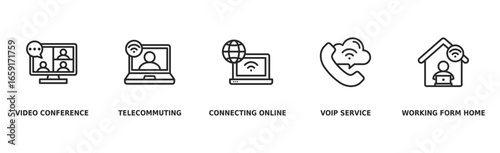 Remote working banner web icon vector illustration concept for working at home with icon of video conference, telecommuting, connecting online, voip, and working from home
