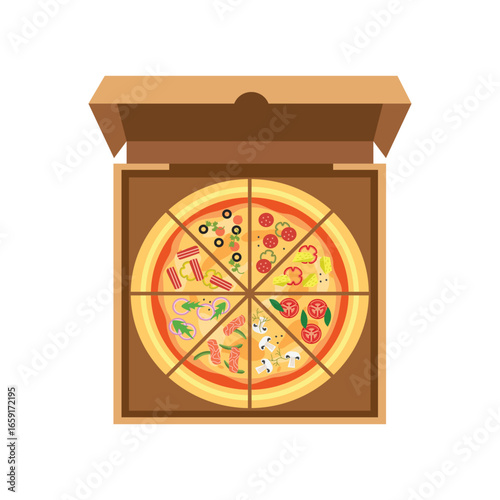 Delivery pizza. Pizza box illustration. Hot fresh pizza. Italian cuisine. 