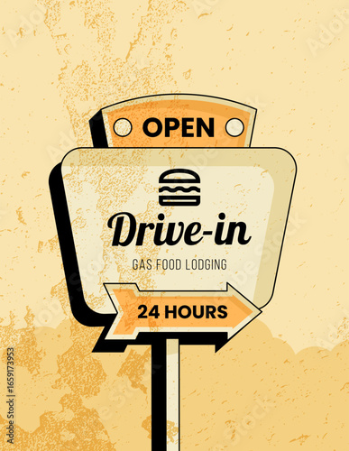 Retro roadside vertical poster with diner sign with bold vintage typography, burger icon and arrow. Vector illustration in vintage colors textured 70s style for restaurant, print or wall decor