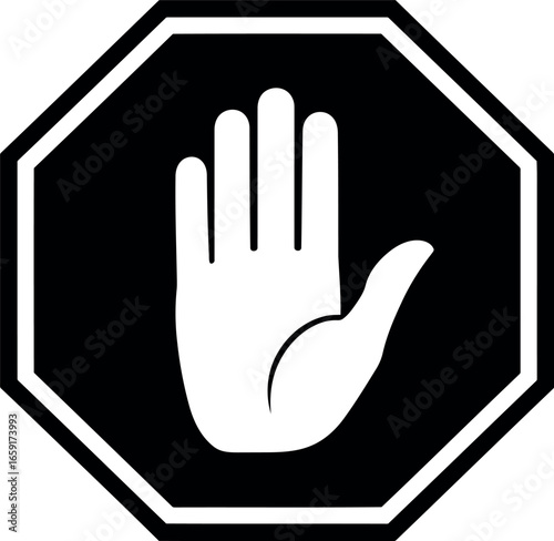 Vector vector art of white hand symbol inside black octagon, indicating stop or prohibition transparent background