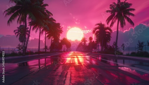 A synthwave neon road with palm trees and an illuminated sun in the background, in the style of Kavinsky.