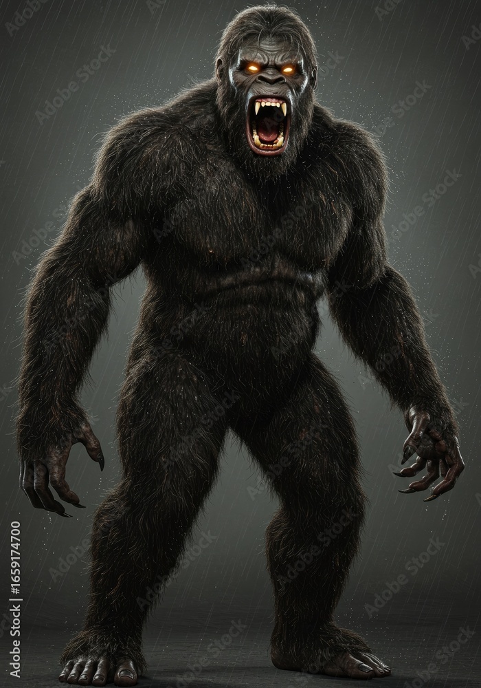 Fototapeta premium A realistic full-body image of an enraged Bigfoot in the rain, glowing eyes, bared teeth, tongue out, on a gray background. 