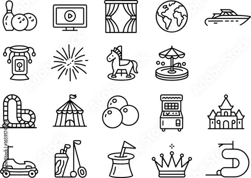 Amusement park icon set, carnival games, fun activities, playground equipment, kids entertainment, arcade machines, rides, outdoor recreation, family fun, leisure icons