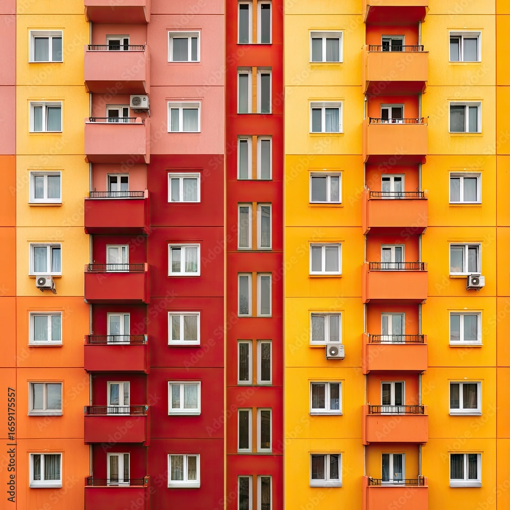 Obraz premium Vibrant multi-story building with orange, red, and pink facade, featuring numerous windows and balconies