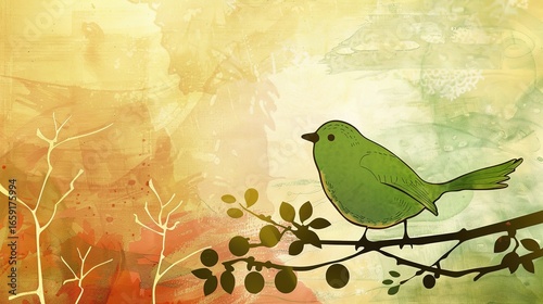 Whimsical green bird with colorful feathers perched on abstract geometric shapes against vibrant gradient background. Playful avian illustration with organic patterns and whimsical design elements 