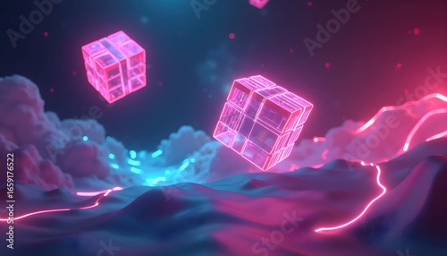 Surreal 3D Rendering of Floating Blocks in Digital Universe