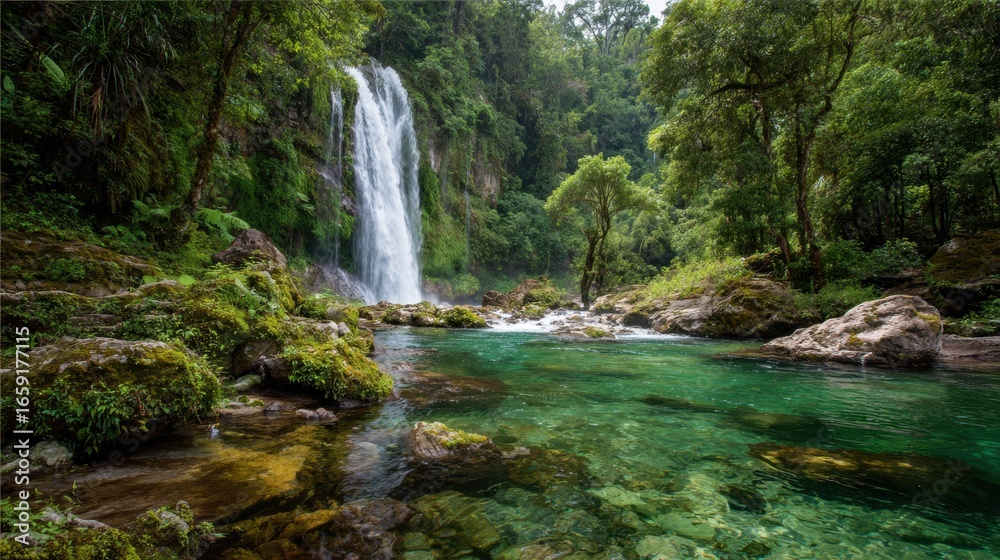 Fototapeta premium Waterfall Bliss: Tranquil emerald pool below a misty waterfall cascading through a lush rainforest, framed by vibrant greenery and ancient trees.