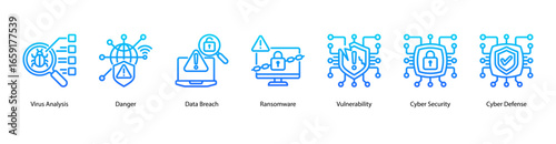 Threat Detection web banner icon vector illustration featuring Virus Analysis, Danger, Data Breach, Ransomware, Vulnerability, Cyber Security, and Cyber Defense.