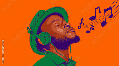 Graphic Illustration of a Man Enjoying Music with Headphones and Notes