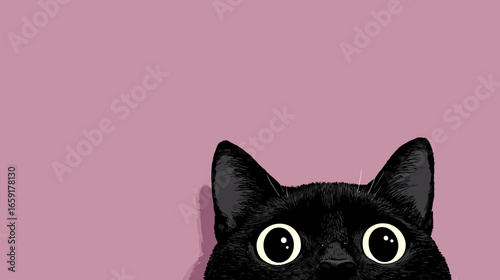 Minimalist Illustration of Peeking Black Cat with Wide Eyes on Pink Background