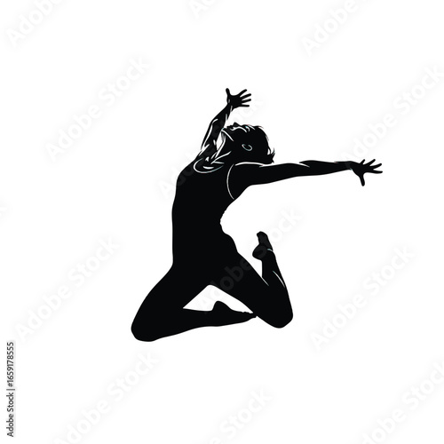 Silhouette of a female gymnast in mid-air during a dynamic performance, showcasing flexibility and athleticism.