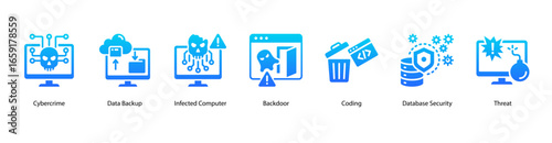 Digital Intrusion web banner icon vector illustration featuring Cybercrime, Data Backup, Infected Computer, Backdoor, Coding, Database Security, and Threat.