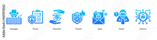 System Guard web banner icon vector illustration featuring Keylogger, Privacy, Protection, Firewall, Spam, Hacker, and Antivirus.