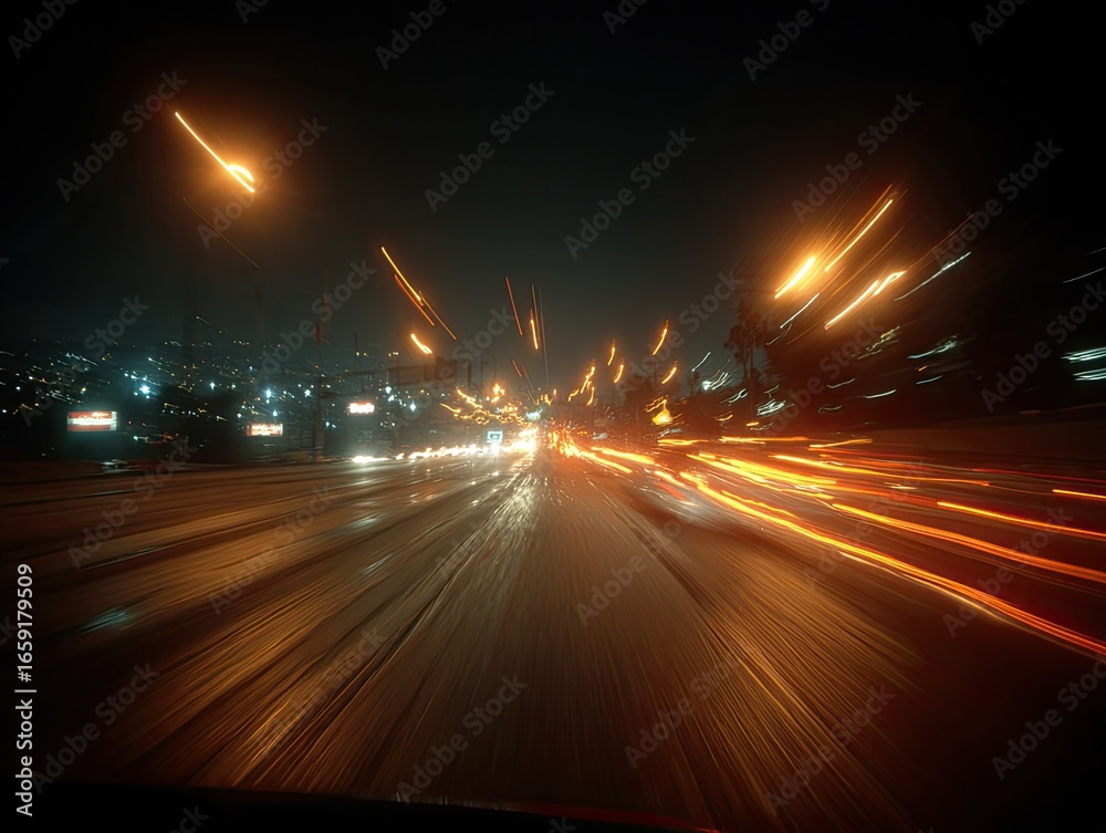 Fototapeta premium Night highway drive, city lights blur, wet road, motion blur