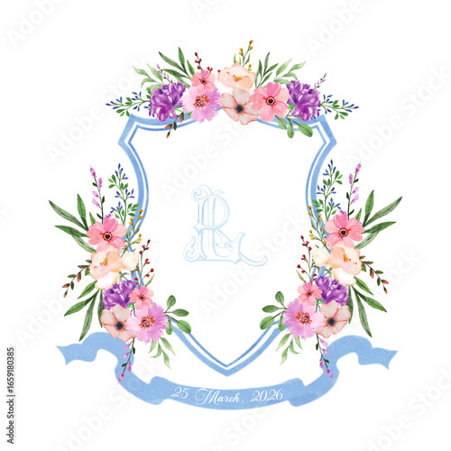Elegant floral crest with a blue border, adorned with a delicate bouquet of pink and purple flowers, a blue ribbon banner at the bottom, and a monogram inside, isolated on white background