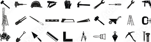 Set of Black and White Silhouette Icons of Different Construction Tools on a White Background Equipm