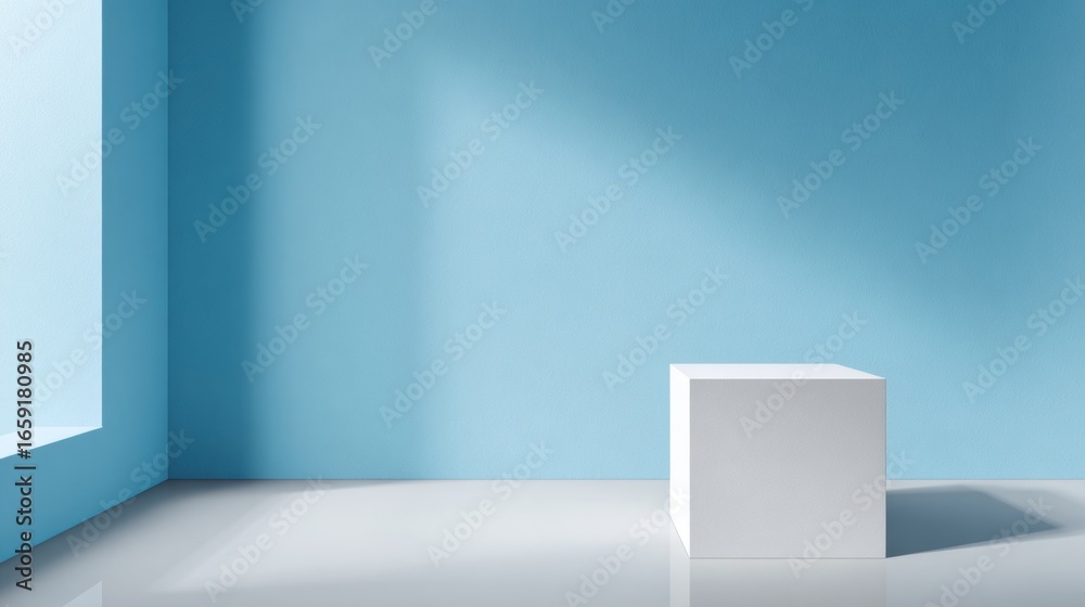 Fototapeta premium Clean Geometry: A minimalistic studio with a cube, bathed in soft daylight casting geometric shadows. A visually striking presentation that can be used for various creative projects.
